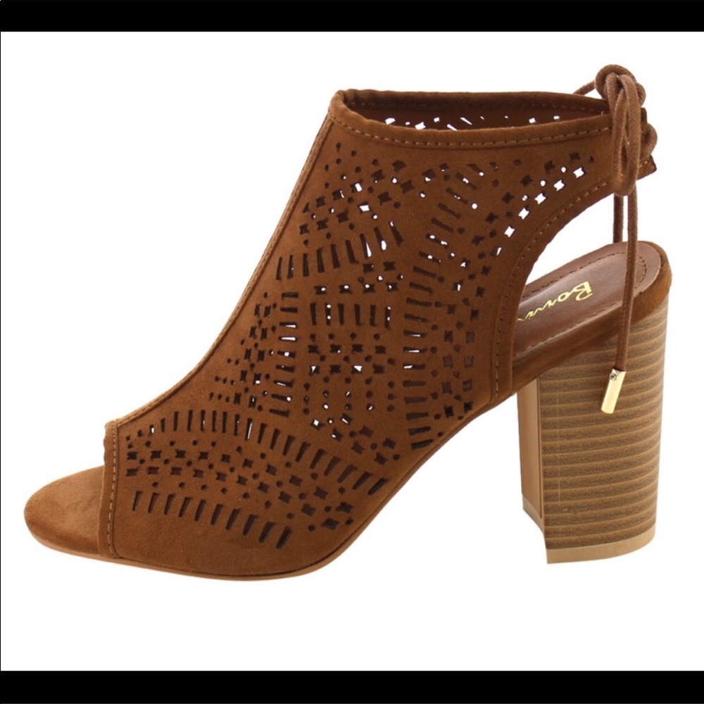 Tan Laser Cut Stacked Heel Booties